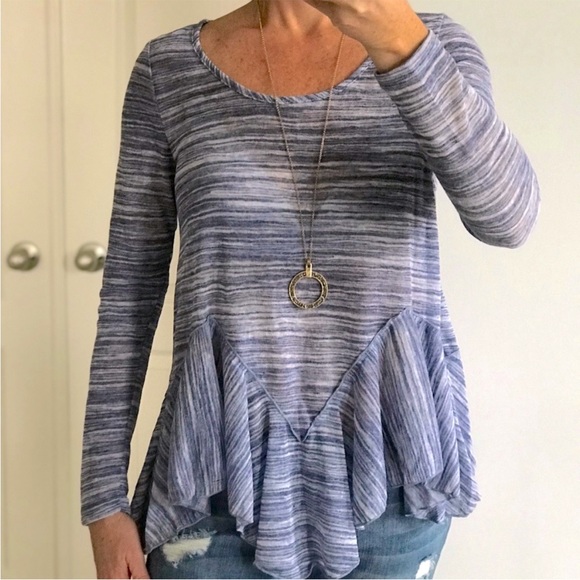 Tops - Blue Long Sleeve Asymmetrical Hemline Top